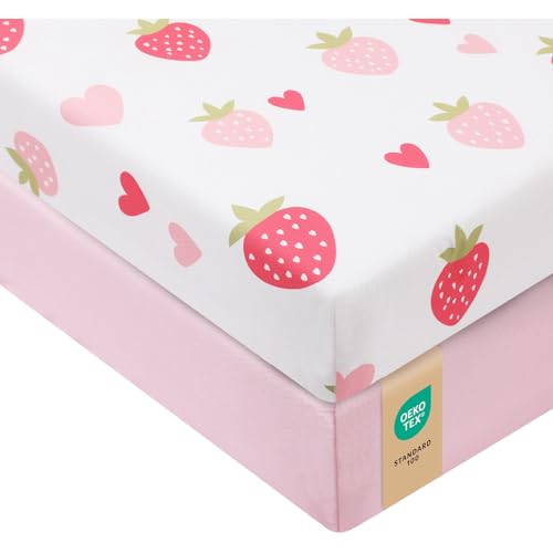 Image of VivaCozy Baby Crib Sheets Girl, Toddler Bed Sheets Fitted for 52x28 Inch Standard Crib Mattress for Baby Girls, Set of 2 Super Soft Breathable Microfiber (Strawberry+Pink, 52x28 Inch (Pack of 2))