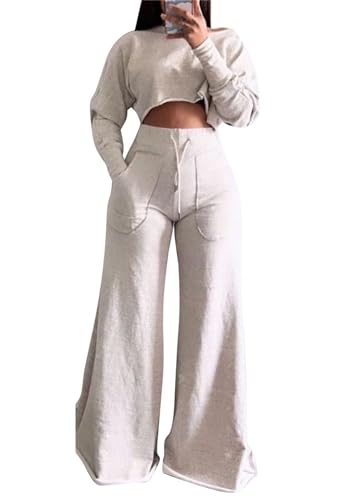 Womens Lounge Sets 2 Piece Outfits Summer Long Sleeve Crop Tops High Waisted Wide Leg Palazzo Pants Fall Tracksuit Sweatsuits