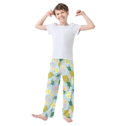 ZZXXB Hibiscus Flower Pineapple Boys Long Pants Soft Trousers Elastic Waist Kids Lounge Bottoms with Pockets S-XL2