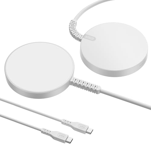 ESR HaloLock Mini Wireless Charger, MagSafe-Compatible Charger Compatible with iPhone 15/14/14 Plus/14 Pro/14 Pro Max/13/12, Strong Magnetic Lock, Reinforced Braided Nylon A/C Cable, 2 Pack, Silver