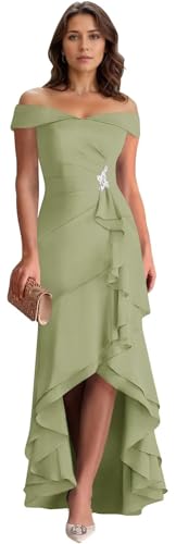 Eightale Satin Off Shoulder Mother of The Bride Dress Long Mermaid High Low Ruffle Formal Evening Party Gown