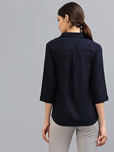 Image of Style Quotient Women Solid Navy Viscose Rayon Semi Formal Shirt