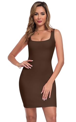 Image of Qaffier Summer Dresses for Women Sexy Mini Dress Ribbed Knit Fitted Square Neck Bodycon Party Club Tank Dresses