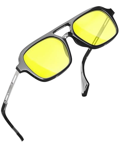 grinderPUNCH Retro Flat Square Trendy Sunglasses for Womens Mens Vintage 70s Style Double Bridge Sunglasses (Yellow)