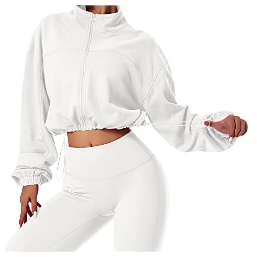 MISSACTIVER Women Casual Zip Up Stand Collar Crop Workout Sweatshirt Long Sleeve Drawstring Hem Cropped Sport Jackets Top(Medium,White)