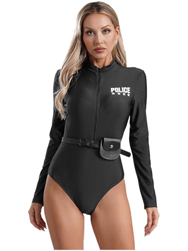 TiaoBug Disfarce polícia mulher body manga comprida uniforme de polícia disfarce sexy de polícia costume de festa Halloween jogo papel preto S