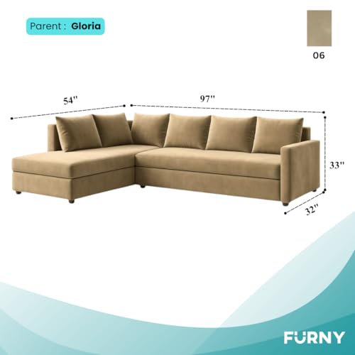 Image of FURNY Gloria 6 Seater Fabric LHS L Shape Sofa Set (Beige) Premium Velvet Finish | Durable Comfort | Ideal for Living Room