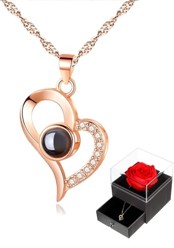 Flores, Conjunto de Colar e Rosa Eterna, com “Eu Te Amo” em 100 Idiomas, Presente Flor Eterna para Dia Das Mães, Dia Dos Namorados, Kit Presente Feminino Criativo para Mãe, Esposa,Noiva, Amiga