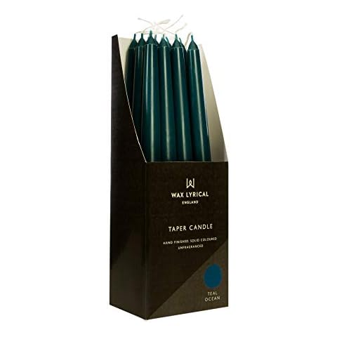 WAX LYRICAL Unscented 25 cm Tapered Dinner Candle Teal Ocean, Box of 12, Blue, 25cm Cover