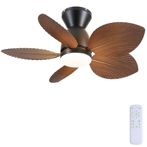 Kviflon Tropical Ceiling Fans with Lights and Remote Control, 30 Inch Low Profile Flush Mount Ceiling Fans, Palm Leaf Ceiling Fan with Light for Small Room Indoor Outdoor, Brown