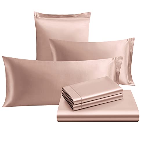 Image of Ersmak 7 Pieces Satin Sheets Set California King Size, Luxury Silky Champagne Satin Bed Sheets Set with 1 Deep Pocket Fitted Sheet, 1 Soft Flat Sheet, 4 King Pillowcases and 1 Body Pillowcase