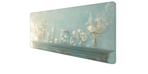 Tapis de souris XXL 1000x400mm motif fleur avec bords cousus pour bureau et PC portable
