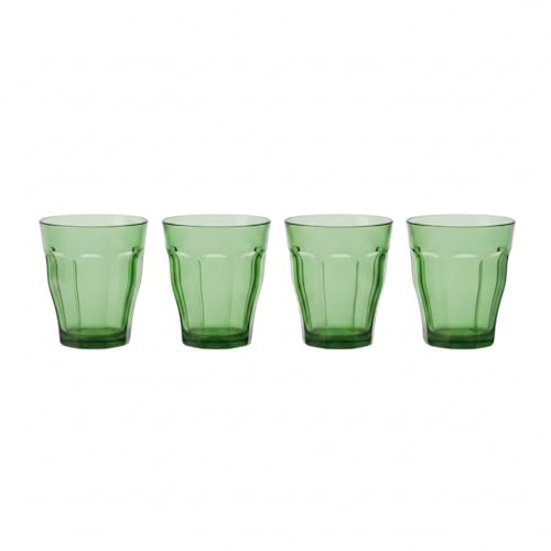 DURALEX | Set 4 Vasos de Cristal Agua 310 ml Picardie Verde, Vasos Bajos de Vidrio Prensado con Relieve, Ideales para Agua y Refrescos, Aptos Lavavajillas y Microondas