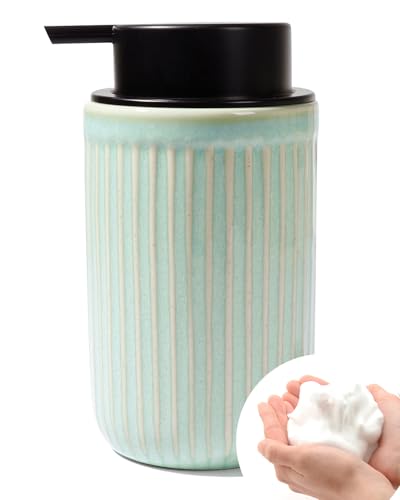 Image of BosilunLife Foam Hand Soap Dispenser - Ceramic Foaming Soap Dispenser for Bathroom 12oz Refillable Liquid Lotion Soap Dispenser with Rust-Proof Foaming Pump for Countertop (Light Green)