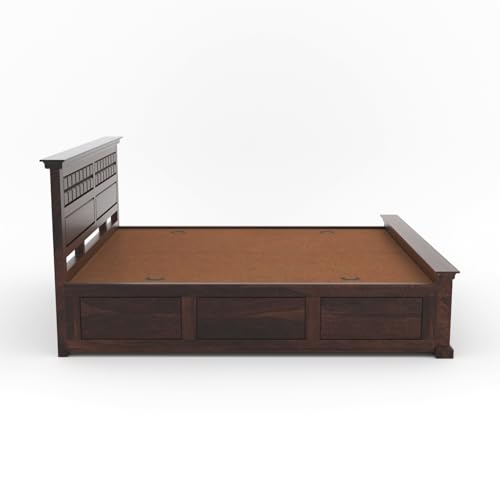 Image of Sheesham Wood King Size Bed with Storage Box | Wooden Box Bed King Size Double Cot Bed with Storage for Bedroom | Chocolate Dalla Design Headboard Bed for Hotel, Home | Walnut Finish
