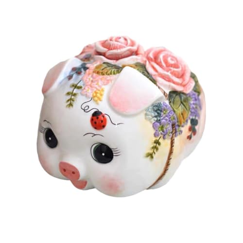 FORLONG Ceramic Piggy Bank，Coin Bank，Money Box, Hand Painted Victoria Pink Rose Pig Design (7.5' L)