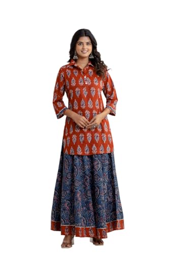 Image of KANNAHI Women Pure Cotton Blue and Rust Ethnic Motif Ajrakh Handblock Printed Kurta Set