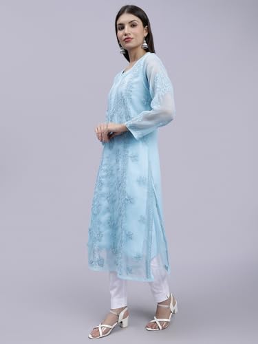 Image of Seva Chikan Hand Embroidered Lucknowi Chikankari Georgette Kurta with Inner Slip for Women SCL4431