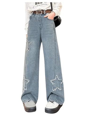 OYOANGLE Girl's Ripped Pattern Straight Leg Jeans Elastic High Waist Y2K Denim Pants with Pocket