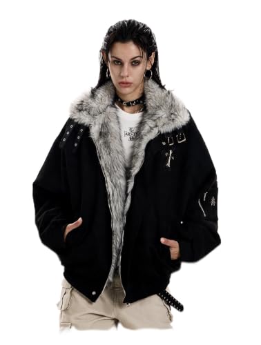 Womens Vintage Gothic Moto Jacket, Faux Fur Collar, Y2K Streetwear pockets