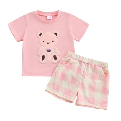 Ursobutegl Toddler Baby Girl Summer Clothes Bear Short Sleeve T-Shirt Tops Checkered Elastic Waist Shorts Set Infant Outfit (Pink, 3-4T)