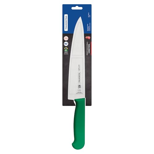 Image of TRAMONTINA Professional Chef Knife 20 cm | Sub-Zero Treated Stainless Steel Blade | Antimicrobial Polypropylene Handle | Heavy-Duty Meat Cutting & Butcher Knife | Green