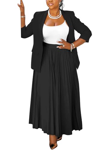 Women's Plus Size 2 Piece Outfits Casual Open Front Blazer and High Waist Pleated Maxi Skirt Sets Business Suits3