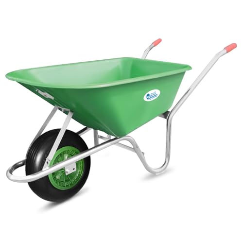 Equimed Garden Wheelbarrow - Lightweight Trolley with 85L Plastic Bucket, Puncture-Proof PU Wheel, Galvanised Frame (Green)