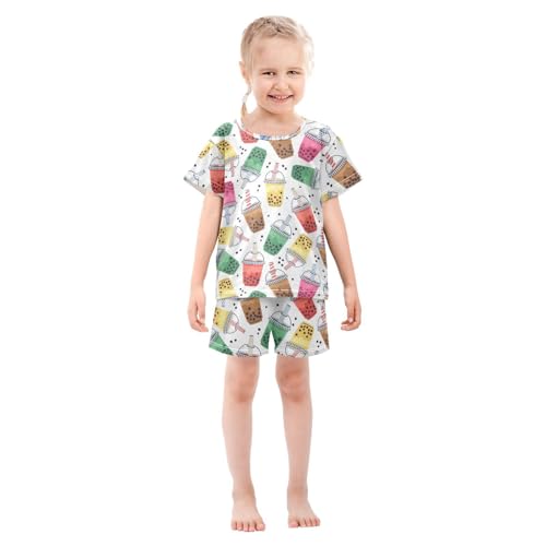 Pajama Short Sets Cartoon Pearls Boba Tea Soft Cotton Summer Sleepwear 2 Piece PJS Size 5-14T4