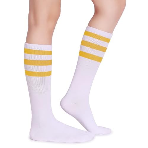 Pareberry Classic Triple Stripes Soft Cotton On the Calf Retro White Tube Socks A-pair(yellow/White)