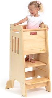 OCODILE Toddler Tower with a Sliding Door and 3 Adjustable Heights - Complete Toddler Kitchen Stool Helper with Support Feet - Safe Design for 18+ Months to 6-Year-Old Kids - Varnished