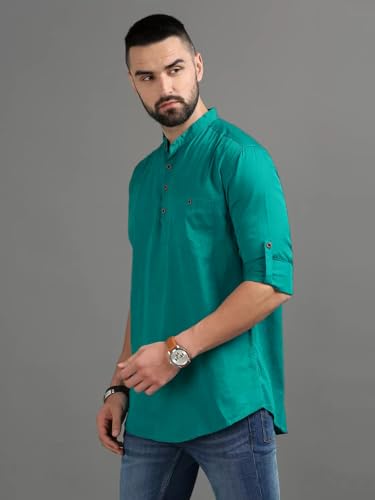 Image of DEEMOON Men's Cotton Blend Full Sleeve Short Kurta with Mandarin Collar Crafted from a Premium Cotton Blend