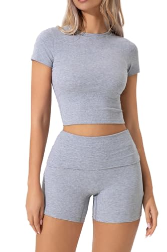 QINSEN Women's 2 Piece Outfits Lounge Sets Slim Fitted Short Sleeve Crop Tops Fold Over Shorts Casual Comfy Trasuits