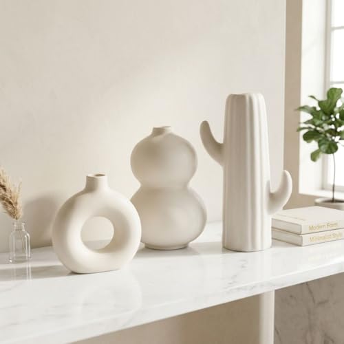 Image of Modern Ceramic Vase Set of 3 | Nordic Minimalist Donut & Abstract Design Decorative Flower Vases | Matte White Home Decor for Living Room, Table, Shelf & Office | Pampas & Dried Flower Vase
