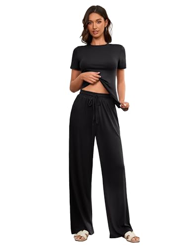 Haut asymétrique manches courtes et pantalon large ensemble fluide femme style décontracté