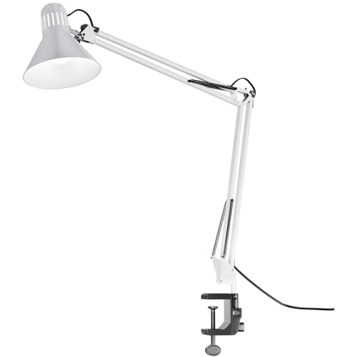 Voltix Lampada da Scrivania con Morsetto – Lampada da Tavolo Vintage E27 MAX 40W, Braccio Pieghevole e Testa Orientabile per Ufficio e Casa – Lampadina NON Inclusa (Bianco)