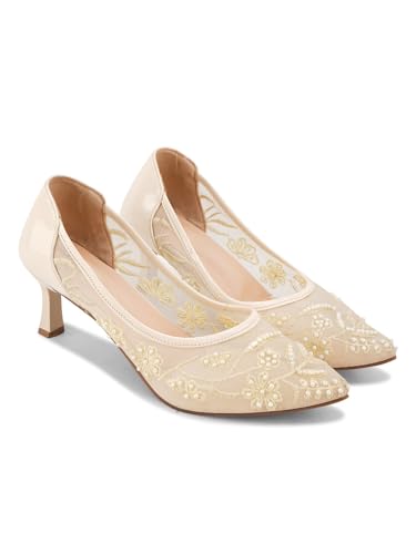 Image of TRYME Floral Embroidered Stiletto Heels for Women | Elegant Mesh High Heels with Stylish Feminine Design