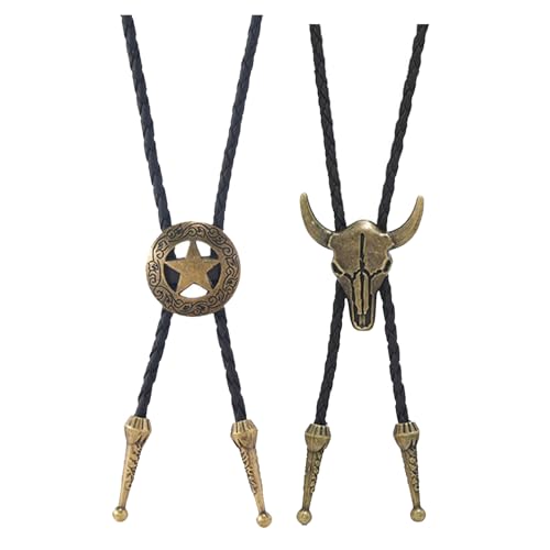 [Stile Western]: Ottieni due eleganti collane in pelle in un unico set – la combinazione perfetta per gli uomini che amano lo stile western. Con un audace ciondolo a forma di teschio di mucca e dettagli metallici antichi, questo set di bolos offre un autentico fascino da cowboy. Un accessorio indispensabile per chi cerca uno stile deciso e robusto.