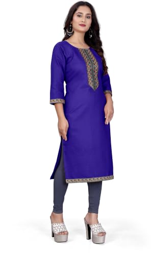 Image of Women A-line Cotton Blend Round Neck 3 /4 Sleeve Embroidered Kurti Only