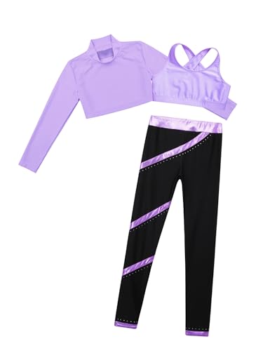YEAHDOR Girls 3 Pcs Dance Sports Outfit Mock Neck Crop Top Sleeveless Top with Pants Gymnastic Ice Skating Tracksuit3