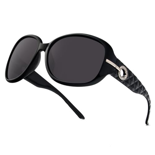 MMOWW Gafas de Sol Polarizadas Mujer, Grandes Modernas Moda Ovaladas de Gafas de Sol Mujer Protección UV400 para Turismo en Coche (Negro - Gris)