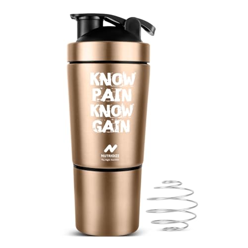 Image of Stainless Steel Shaker Bottle for Protein, 590ml Water Bottle with Extra Compartment | Leak-Proof, BPA-Free, Durable, and Multi-Functional for Protein Shakes (Bronze)