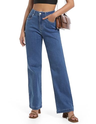 Women's Jeans High Waisted Straight Leg Stretchy Jeans Trendy Wide Leg Tummy Control Loose Casual Denim Pants
