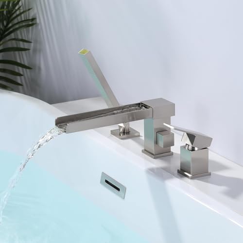 Waterfall Roman Tub Filler Faucet, Deck Mount Bathtub Filler with 360° Swivel Spout, 3 Holes Bathroom Tub Faucet with Sprayer, Brushed Nickel