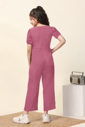 Image of Fashion Dream Girl's Ankle Length Solid Jumpsuit (FDGJMP00086 PNK 36 Pink 11-12 Yrs)