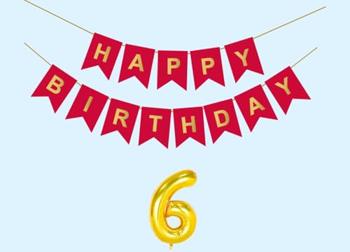 Image of 6th Happy Birthday Decoration Kit Red for 6 year Old Boys Girls Kids with Number Six Party Decorations Decor Celebration Items Item Set Combo Reusable Paper Banner