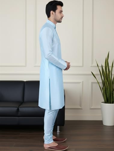 Image of SadreeMen's Silk Blend|Classic|Occassion|Ethinic|Full Sleeve|Mandirn Collor|Knee Length|Solid Colour|Light Weight|Comfort|Regular Fit Kurta Pyjama Set
