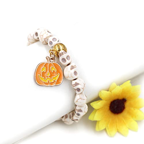 Image of Uloveido Halloween Bracelets for Men Women Black White Skull Stone Bracelet Charm Ghost Pumpkin Lamp Bat Design Bracelets
