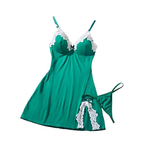 Babydoll Set Lingerie for Women:Fashion V Neck Sleepwear Cotton Nightgowns Plus Size Flowy Mini Dress Valentines(Green,Medium)