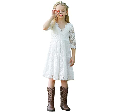 Bow Dream V Neck Vintage Lace Flower Girl Dress Country Daily Casual Party
